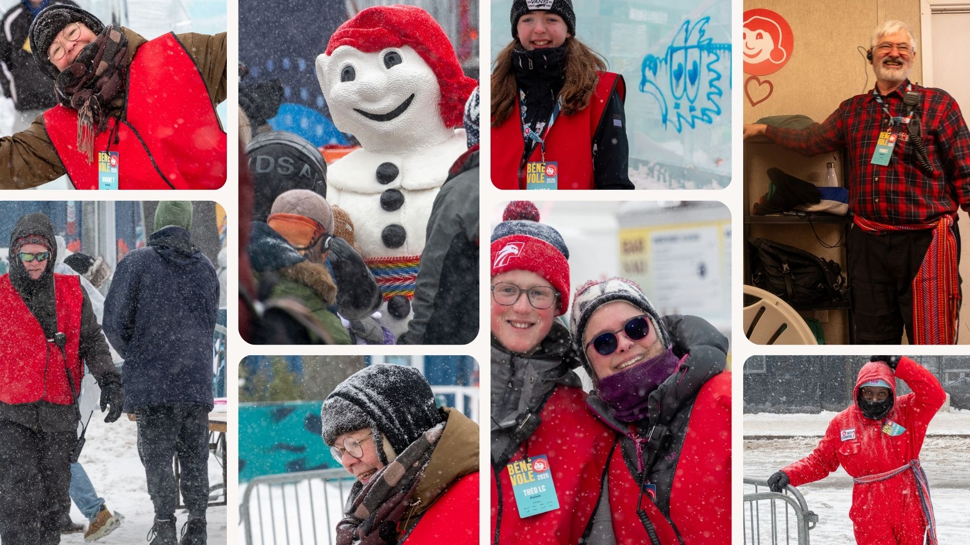 Volunteers celebrating with Bonhomme Carnaval